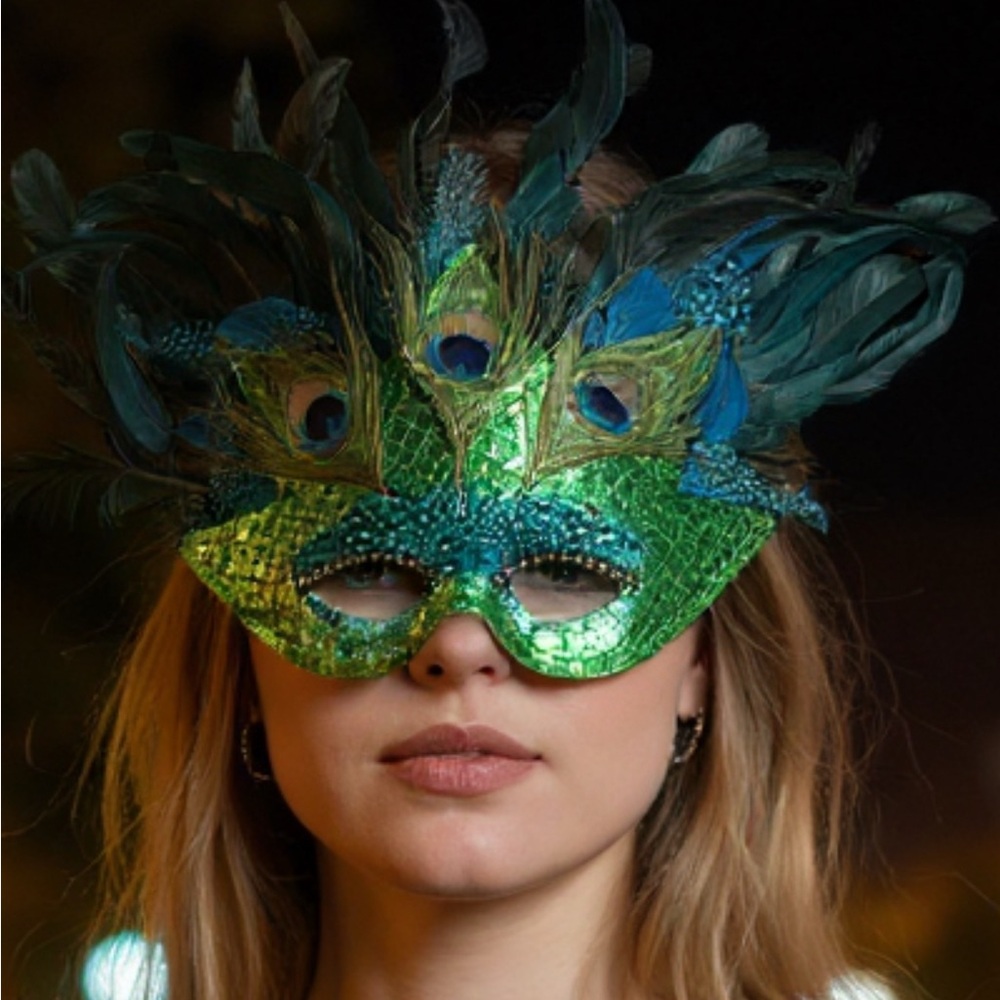 Green Peacock Feather Masquerade Mask for Women